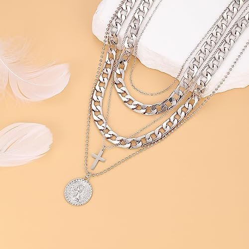 MJartoria Gold Layered Necklaces for Women Trendy Retro Coin Pendant Necklace Dainty Chunky Chain Choker Necklaces for Jewelry Birthday Gifts (Silver, A-Y-Retro Coin-Cross-5 in 1 Layered)