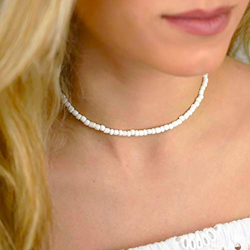 Tgirls Boho Choker Necklace Chain Rice Beaded Necklaces Seed Bead Necklace Accessory for Women (White)