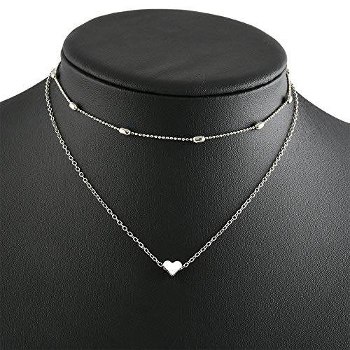 Aluinn Love Heart Layered Choker Necklace Silver Simple Beads Pendant Necklace Simple Chain for Women