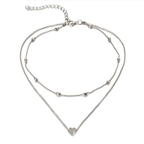 Aluinn Love Heart Layered Choker Necklace Silver Simple Beads Pendant Necklace Simple Chain for Women