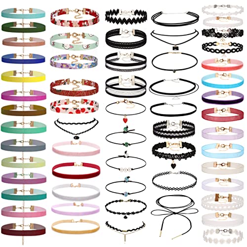 K&Q 60 PCS Choker Necklace, Classic Stretch Colorful Gothic Collar Tattoo Choker Necklace AndBlack Layered Cute Lace Velvet Choker Necklace Set for teenagers and Women