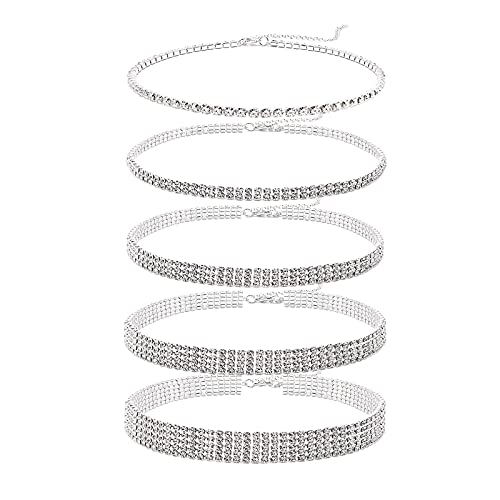 5 Pieces Silver Rhinestone Choker Necklaces for Women Dainty Diamond Choker Crystal Choker Necklaces Set Bridesmaid Jewelry