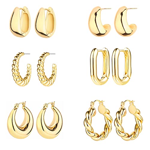 6 Pairs of 14K Gold Chunky Hoop Earrings