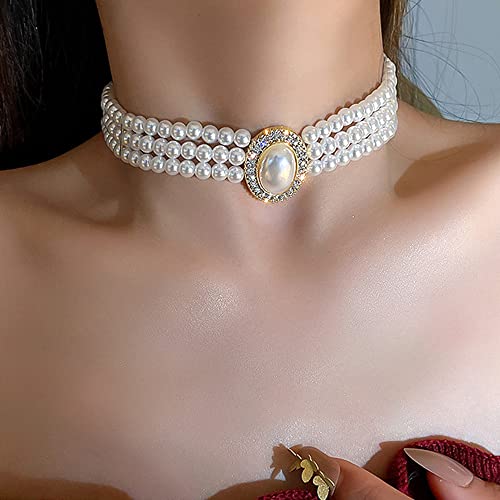 Octwine Boho 3 Tier Dainty Rhinestones Pearls Chunky Short 1920s Choker Necklace Chain Multilayer Choker Pendant Necklaces Prom Party for Women and Girls