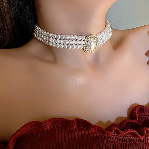Octwine Boho 3 Tier Dainty Rhinestones Pearls Chunky Short 1920s Choker Necklace Chain Multilayer Choker Pendant Necklaces Prom Party for Women and Girls