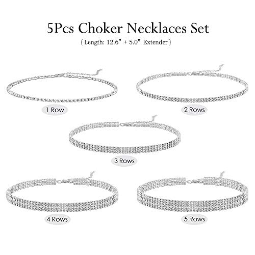 5 Pieces Silver Rhinestone Choker Necklaces for Women Dainty Diamond Choker Crystal Choker Necklaces Set Bridesmaid Jewelry