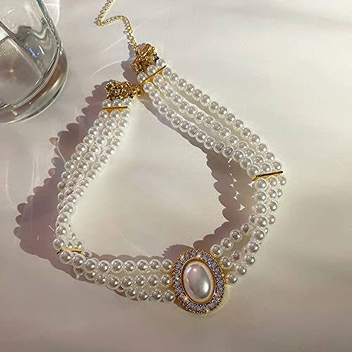 Octwine Boho 3 Tier Dainty Rhinestones Pearls Chunky Short 1920s Choker Necklace Chain Multilayer Choker Pendant Necklaces Prom Party for Women and Girls