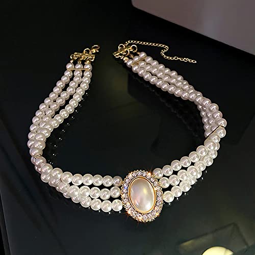 Octwine Boho 3 Tier Dainty Rhinestones Pearls Chunky Short 1920s Choker Necklace Chain Multilayer Choker Pendant Necklaces Prom Party for Women and Girls