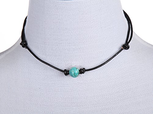 Barch Single Stone Turquoise Choker Necklace on Black Leather Cord for Women (Round Adjustable 1#)