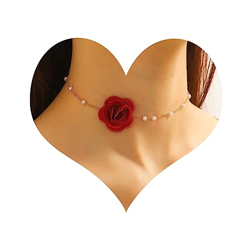 Bethynas Vintage Flower Choker Necklace with Baroque Pearl Handmade Rose Floral Sexy Plated Collar Neck Chain Bridal Party Neck Jewelry for Women (Red)