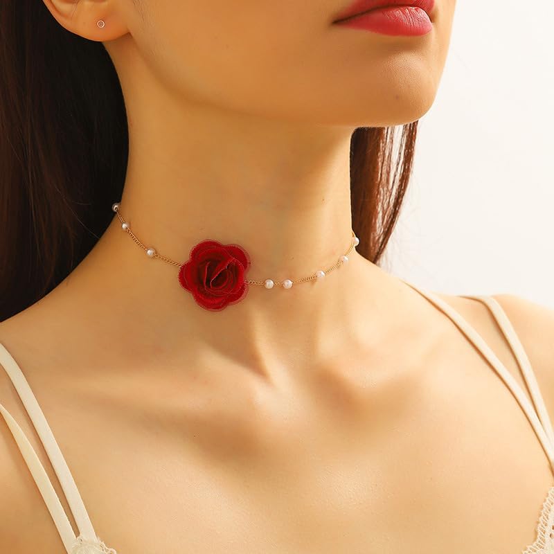 Bethynas Vintage Flower Choker Necklace with Baroque Pearl Handmade Rose Floral Sexy Plated Collar Neck Chain Bridal Party Neck Jewelry for Women (Red)