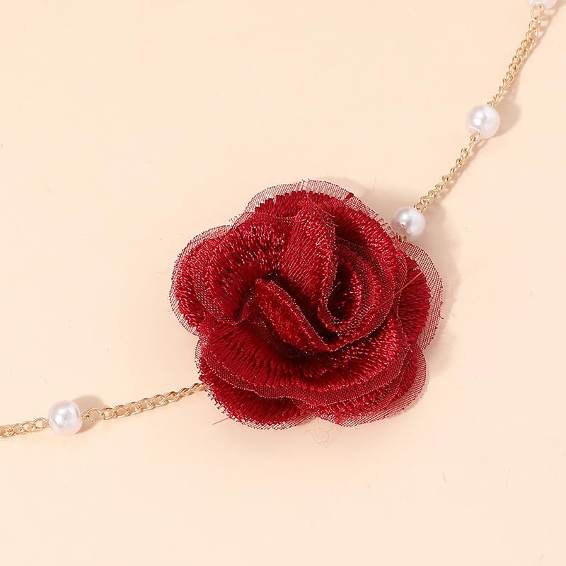 Bethynas Vintage Flower Choker Necklace with Baroque Pearl Handmade Rose Floral Sexy Plated Collar Neck Chain Bridal Party Neck Jewelry for Women (Red)
