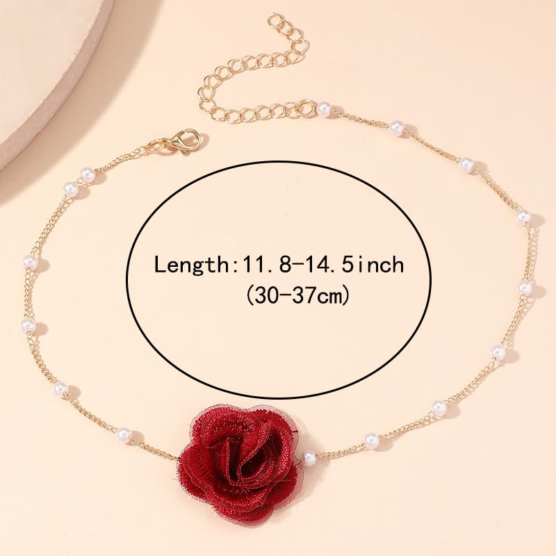 Bethynas Vintage Flower Choker Necklace with Baroque Pearl Handmade Rose Floral Sexy Plated Collar Neck Chain Bridal Party Neck Jewelry for Women (Red)