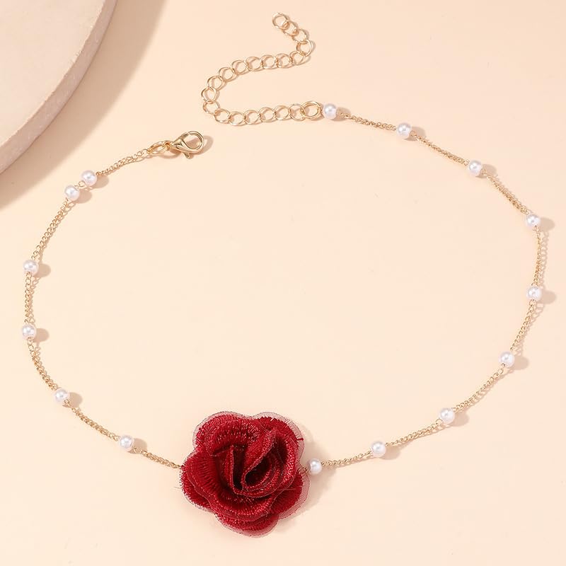 Bethynas Vintage Flower Choker Necklace with Baroque Pearl Handmade Rose Floral Sexy Plated Collar Neck Chain Bridal Party Neck Jewelry for Women (Red)
