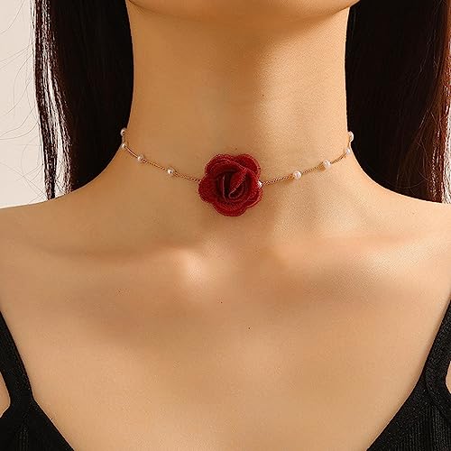 Bethynas Vintage Flower Choker Necklace with Baroque Pearl Handmade Rose Floral Sexy Plated Collar Neck Chain Bridal Party Neck Jewelry for Women (Red)