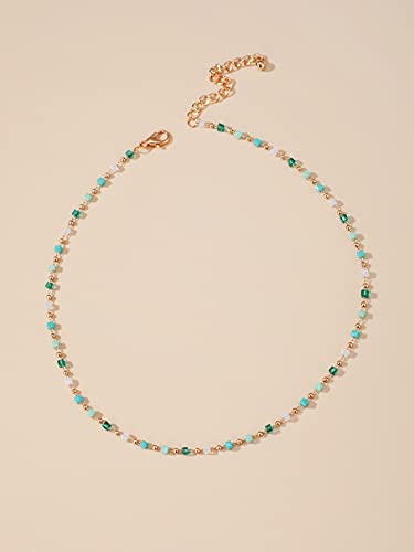 FUTIMELY Bohemia Green Beaded Beads Choker Necklace for Women,Simple Fresh Green Beaded Square Round Bead Choker Necklace Fashion Jewelry (Gold)