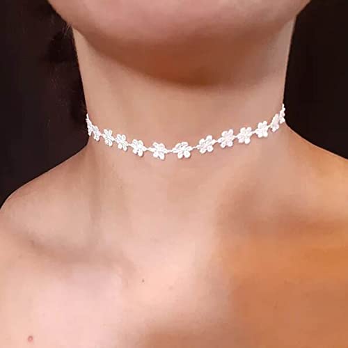 Yheakne Boho Flower Lace Choker Necklace White Lace Tattoo Choker Necklace Daisy Flower Collarbone Necklace Retro 90s Choker Necklace Chain Jewelry for Women and Girls (White)
