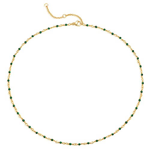 MEVECCO Gold Choker Necklace for Women 14K Gold Plated Dainty Green Cubic Zircon Beaded Short Chain Link Necklace Delicate Handmade Minimalist Fashion Jewelry Gift