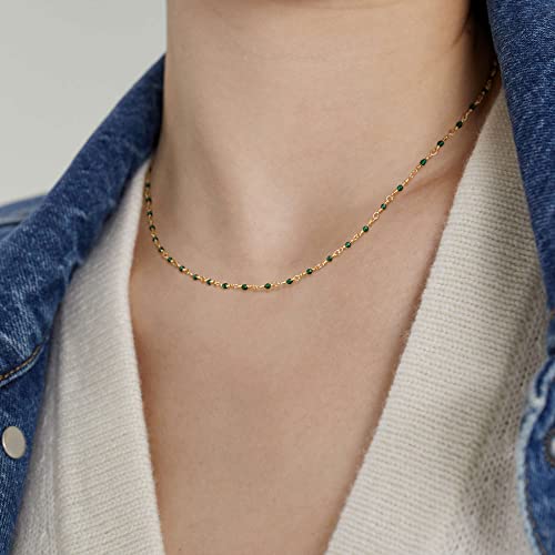 MEVECCO Gold Choker Necklace for Women 14K Gold Plated Dainty Green Cubic Zircon Beaded Short Chain Link Necklace Delicate Handmade Minimalist Fashion Jewelry Gift