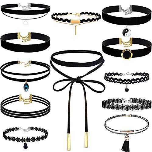 shynek Choker Necklace for Women, 12 Pcs Black Choker Necklace Set Black Lace Tattoo Velvet Chokers for Women and Teen Girls
