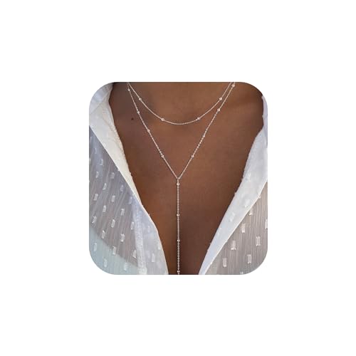 Picuzzy Lariat Necklace for Women, Dainty Silver Plated Layered Necklaces for Women Trendy Beaded Long Necklace Simple Jewelry Gift