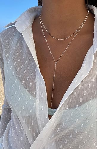 Picuzzy Lariat Necklace for Women, Dainty Silver Plated Layered Necklaces for Women Trendy Beaded Long Necklace Simple Jewelry Gift