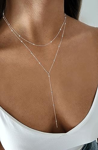 Picuzzy Lariat Necklace for Women, Dainty Silver Plated Layered Necklaces for Women Trendy Beaded Long Necklace Simple Jewelry Gift