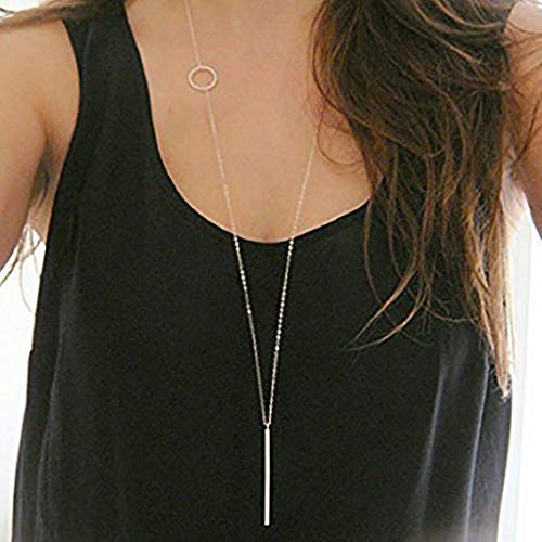 Fdesigner Leiothrix Long Pendant Necklace Silver Bar Necklaces Jewelry Y-Chain Circle Round Necklace for Women and Girls (Silver)
