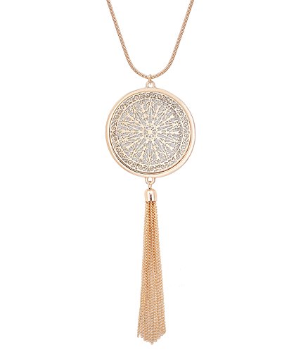 MOLOCH Long Necklaces for Woman Disk Circle Pendant Necklaces Tassel Fringe Necklace Set Statement Pendant (Gold)
