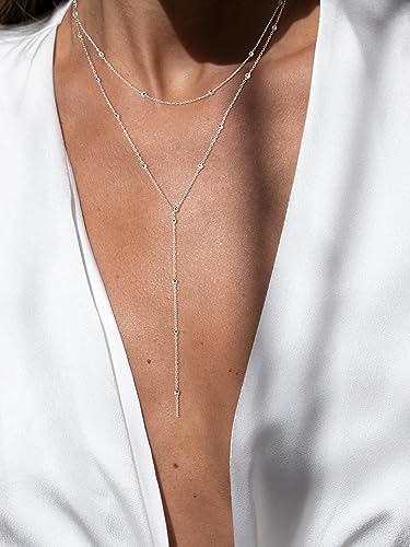 Picuzzy Lariat Necklace for Women, Dainty Silver Plated Layered Necklaces for Women Trendy Beaded Long Necklace Simple Jewelry Gift