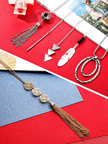 Hicarer 12 Pieces Long Pendant Necklace Set Y Tassel Leaf Circle Bar Necklace for Women (Tassel)