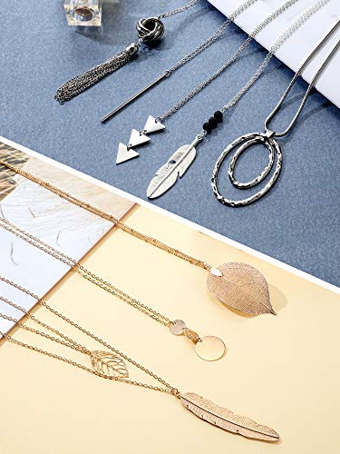 Hicarer 12 Pieces Long Pendant Necklace Set Y Tassel Leaf Circle Bar Necklace for Women (Tassel)