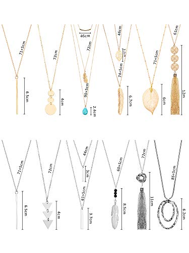 Hicarer 12 Pieces Long Pendant Necklace Set Y Tassel Leaf Circle Bar Necklace for Women (Tassel)