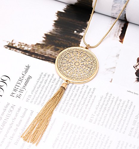 MOLOCH Long Necklaces for Woman Disk Circle Pendant Necklaces Tassel Fringe Necklace Set Statement Pendant (Gold)