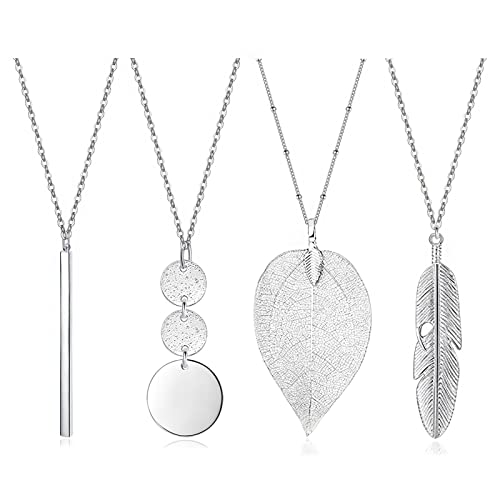 YQZIYOU 4 PCS Long Necklaces for Women - Fashion Pendant Necklace Jewelry, Silver Bar Feather Circle Leaf Lock Tassel Y Necklace Jewelry Set for Girls