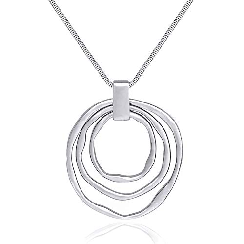 NVENF Long Sweater Chain Double Circle Pendant Necklace Bold Snake Chain Women Statement Necklace (Silver triple)