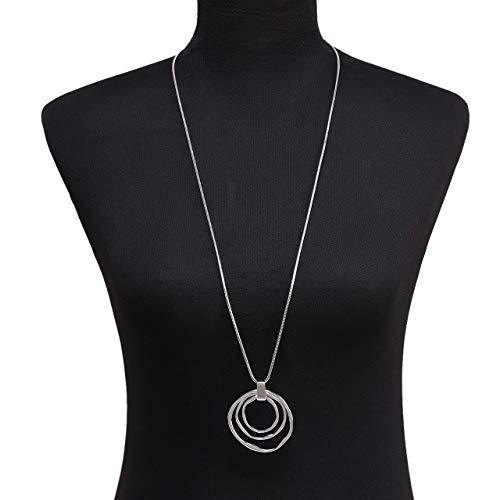 NVENF Long Sweater Chain Double Circle Pendant Necklace Bold Snake Chain Women Statement Necklace (Silver triple)