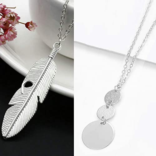 YQZIYOU 4 PCS Long Necklaces for Women - Fashion Pendant Necklace Jewelry, Silver Bar Feather Circle Leaf Lock Tassel Y Necklace Jewelry Set for Girls