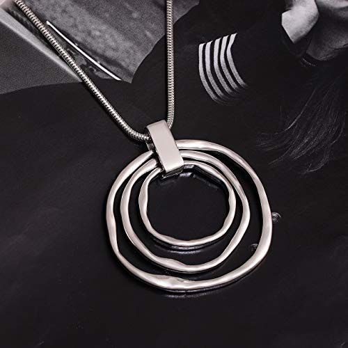 NVENF Long Sweater Chain Double Circle Pendant Necklace Bold Snake Chain Women Statement Necklace (Silver triple)