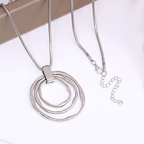 NVENF Long Sweater Chain Double Circle Pendant Necklace Bold Snake Chain Women Statement Necklace (Silver triple)