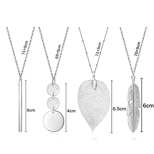 YQZIYOU 4 PCS Long Necklaces for Women - Fashion Pendant Necklace Jewelry, Silver Bar Feather Circle Leaf Lock Tassel Y Necklace Jewelry Set for Girls