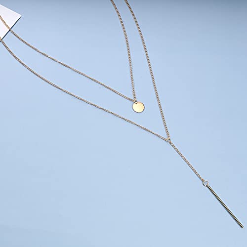 Yheakne Bohemia Layered Bar Coin Necklace Gold Vertical Bar Y Lariat Necklace Long Disc Pendant Necklace Chain Circle Necklace Jewelry for Women and Girls Gifts