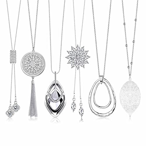 Jstyle 6Pcs Long Pendant Necklaces for Women Long Sweater Necklaces Silver Flower Tassel Disk Circle Leaf Statement Sweater Chain Necklace for Women Y Necklace Set Fashion Jewelry C