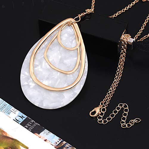 MOLOCH Long Necklace For Women Girls Geometry Teardrop Acrylic Circle Pendant Necklace Statement Boho Acetate Resin Necklace Minimalist Gift (White)