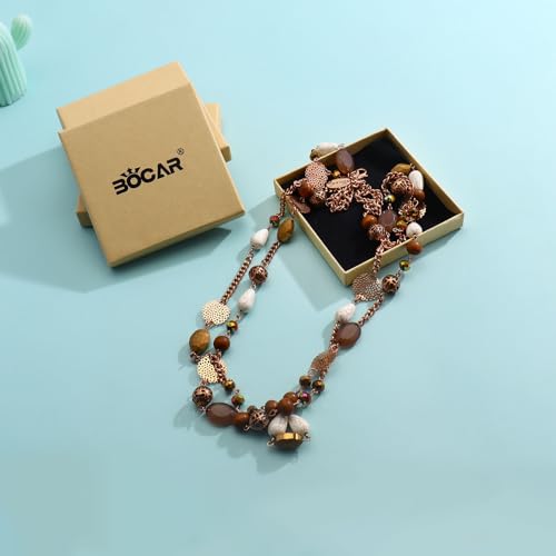 Bocar Long Necklaces for Women Trendy, Boho Layered Crystal Beaded Collar Necklaces for Women and Girls, Fashion Statement Necklaces Jewelry (NK-10084-Brown)