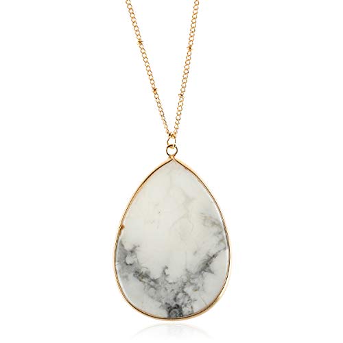 RIAH FASHION Bohemian Natural Stone Pendant Long Necklace - Boho Charm Layering Statement Chain Teardrop, Oval Raw Stone Druzy, Marble Quartz (Petal Long Chain - White Howlite)