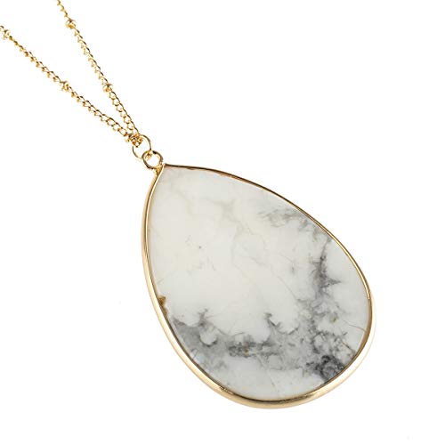 RIAH FASHION Bohemian Natural Stone Pendant Long Necklace - Boho Charm Layering Statement Chain Teardrop, Oval Raw Stone Druzy, Marble Quartz (Petal Long Chain - White Howlite)