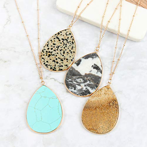 RIAH FASHION Bohemian Natural Stone Pendant Long Necklace - Boho Charm Layering Statement Chain Teardrop, Oval Raw Stone Druzy, Marble Quartz (Petal Long Chain - White Howlite)
