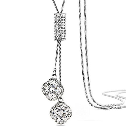 Z-Jeris Women's Crystal Flower Jewelry Tassel Pendant Long Chain Necklace (Silver)