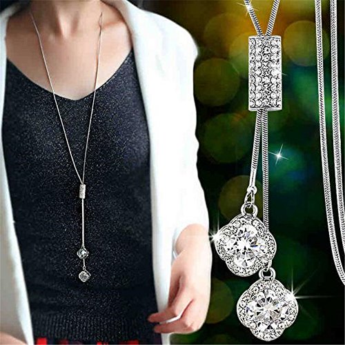 Z-Jeris Women's Crystal Flower Jewelry Tassel Pendant Long Chain Necklace (Silver)